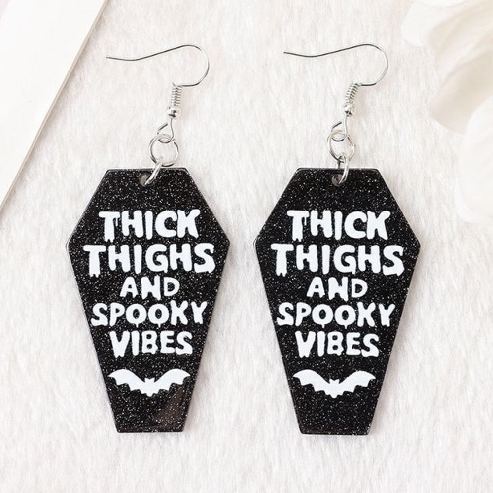 “Thick Thighs & Spooky Vibes” Black glitter acrylic Coffin Earrings